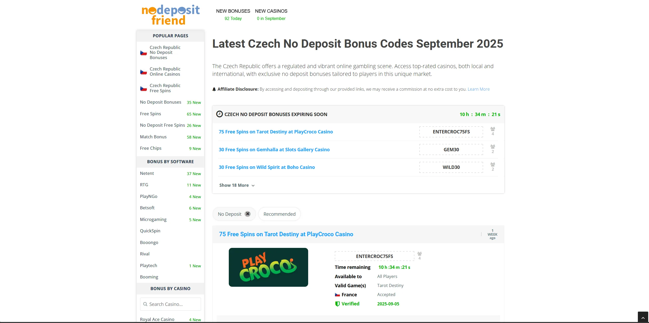Screenshot of Nodepositfriend.com - Latest Czech Casino Bonus Codes 